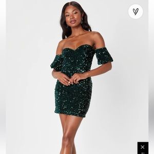 Lulus NWT ✨All Aglitter Emerald Green Sequin Off-the-Shoulder Mini Dress Hoco
